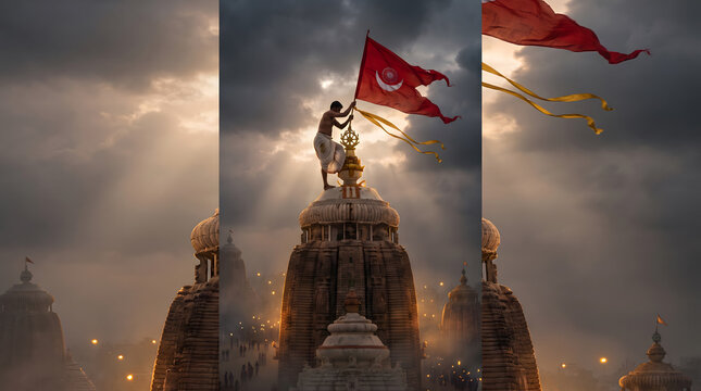 man raising red flag atop jagannath temple dome during dramatic sunrise with glowing clouds in sky