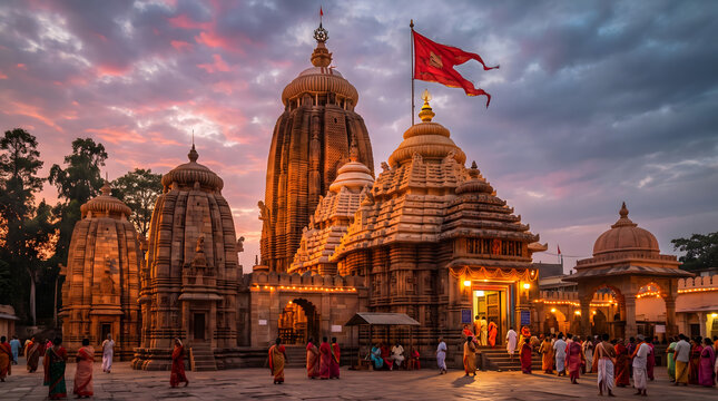 jagannath temple in puri photographed at golden hour with pilgrims gathered near ornate stone entrance gate