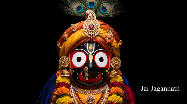 closeup portrait of jagannath deity face wearing turban peacock feather crown and marigold garland on black background