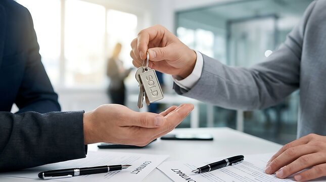 Business person handing over house keys to a new owner