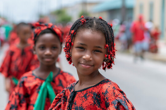 Bright smiles grace young girls in festive red attire. Their braids gleam with vibrant red adornments. They stand in a lively parade, surrounded by cheering crowds