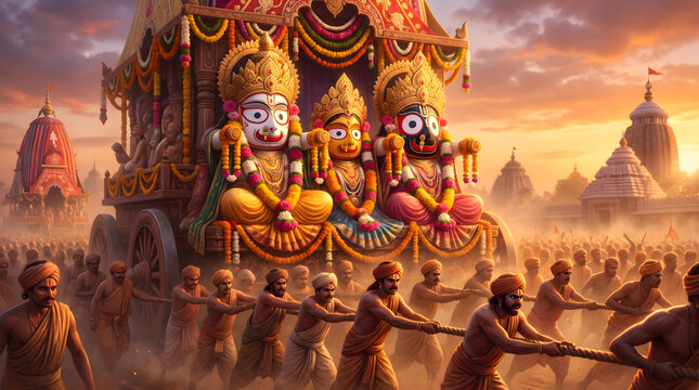 Colorful turban devotee pulling sacred chariot with three deity figure during festive sunset procession scene
