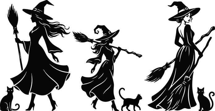 Halloween vector silhouette three witches with cats and broomsticks