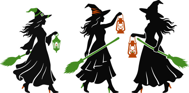 Halloween vector silhouette of three witches flying on broomsticks with lanterns