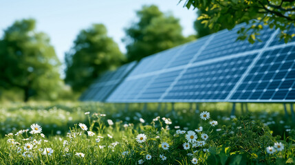 Fototapeta premium Solar Panel Array in Lush Meadow: A modern solar panel installation stands in a vibrant green meadow, surrounded by trees and wildflowers, under a clear blue sky.