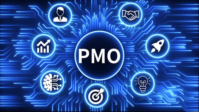 PMO icon surrounded by smaller icons for ai manufacturing strategy. A glowing neon, and manufacturing process management all connected in a digital circuit like pattern, 4k video 