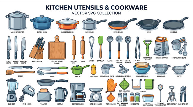 Kitchen utensils and cookware vector set. Home cooking tools, pots, frying pans, chef knives, and small appliances isolated on white background. Editable EPS culinary clipart