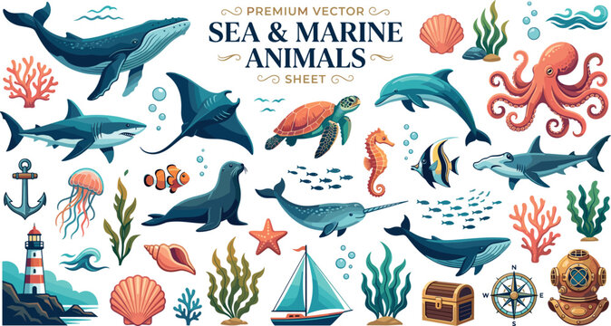 Sea and marine animals vector set. Ocean life, whale, hammerhead shark, narwhal, dolphin, turtle and octopus isolated on white background. Editable EPS underwater wildlife clipart collection