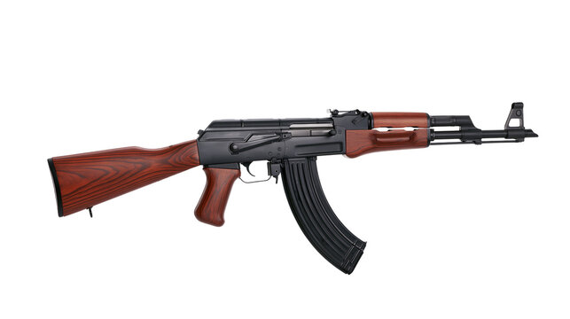 Black metal AK-47 rifle with wooden stock and handguard, isolated on transparent background