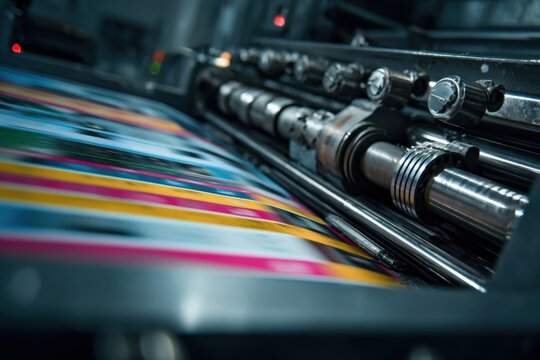 Industrial printing press producing vibrant full-color prints in a high-speed commercial print shop environment with machinery details in focus