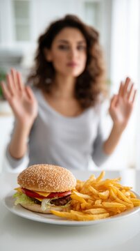 Woman refusing to eat a cheeseburger with fries showing a gesture of rejection representing healthy eating and mindful food choices at home