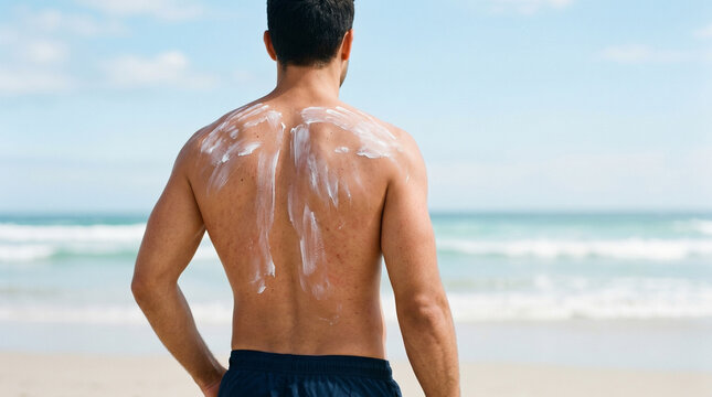 Man applying sunscreen on back at beach with ocean in background  