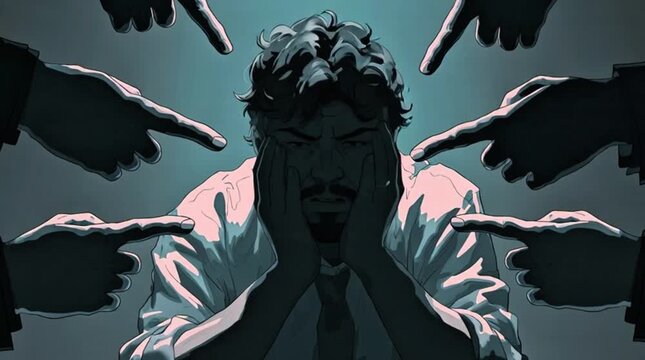 This artwork powerfully illustrates the intense psychological toll of public judgment, blame, and social isolation.