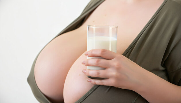 Close side profile of a busty woman's torso in olive wrap top with one hand holding glass of milk against plain white backdrop.