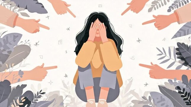 This artwork powerfully illustrates the intense psychological toll of public judgment, blame, and social isolation.