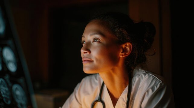 Young woman wearing a white lab coat and a stethoscope around her neck. she is sitting in front of a computer monitor with multiple mri images displayed on it.