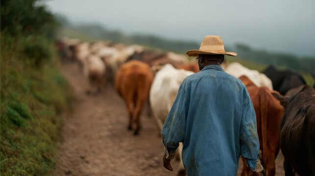 Man walking on a dirt path with a herd of cows. the man is wearing a blue denim shirt and a straw hat. he is walking towards the right side of the image, with his back towards the camera.