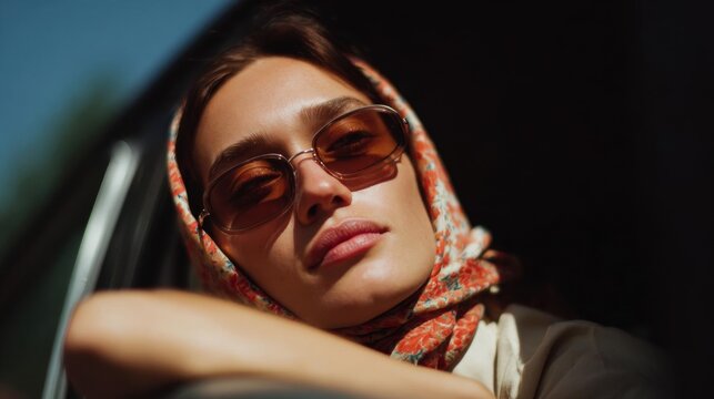 Close-up portrait of a young woman wearing a headscarf and sunglasses. she is sitting in the driver's seat of a car, with her head resting on the steering wheel.