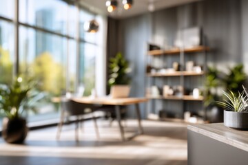 Fototapeta premium Modern office interior with natural lighting, cozy workspace with wooden desk, indoor plants, and shelving unit filled with decor and office supplies