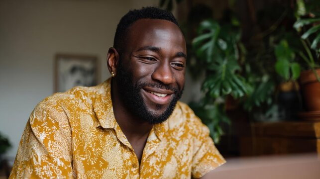 Close-up portrait of a man with a big smile on his face. he is wearing a yellow shirt with a floral pattern and has short black hair and a beard.