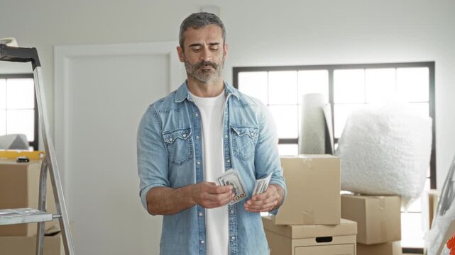 Man counting cash with hands holding dollars among packed moving boxes in studio; concern budgeting.