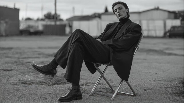 Black and white photograph of a young man sitting on a folding chair in an empty parking lot. he is wearing a long-sleeved blazer, trousers, and black boots.