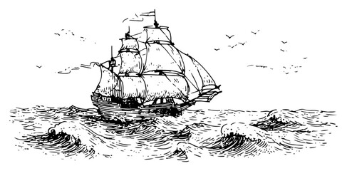 Vintage sailing ship on rough ocean waves hand drawn engraving style maritime illustration © JakubVectorSketch