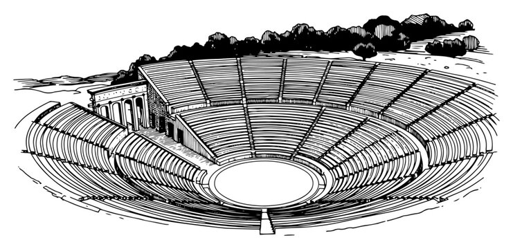 Ancient Greek amphitheater stadium ruins historical architecture hand drawn engraving style vector