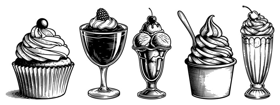 Set of sweet desserts ice cream sundae cupcake and milkshake collection hand drawn engraving style