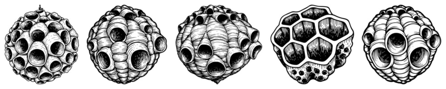 Set of organic nest pods and porous beehive structures hand drawn in vintage engraving style