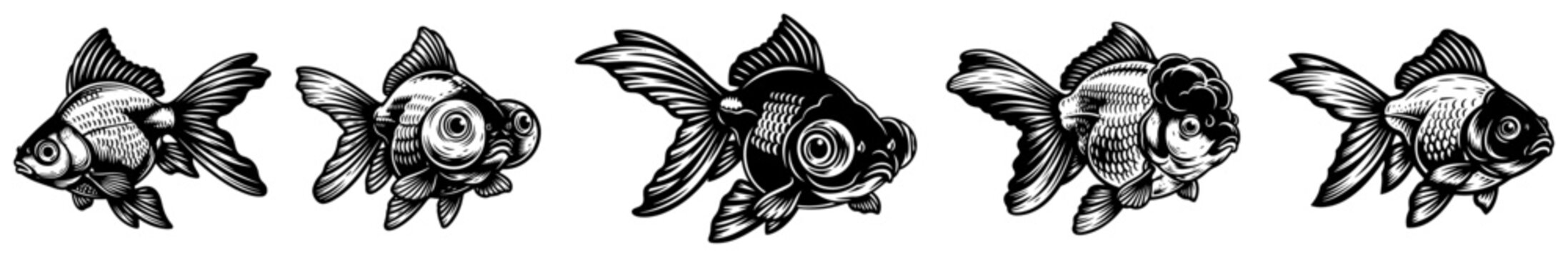 Goldfish species collection with telescope and oranda fish hand drawn vintage engraving style