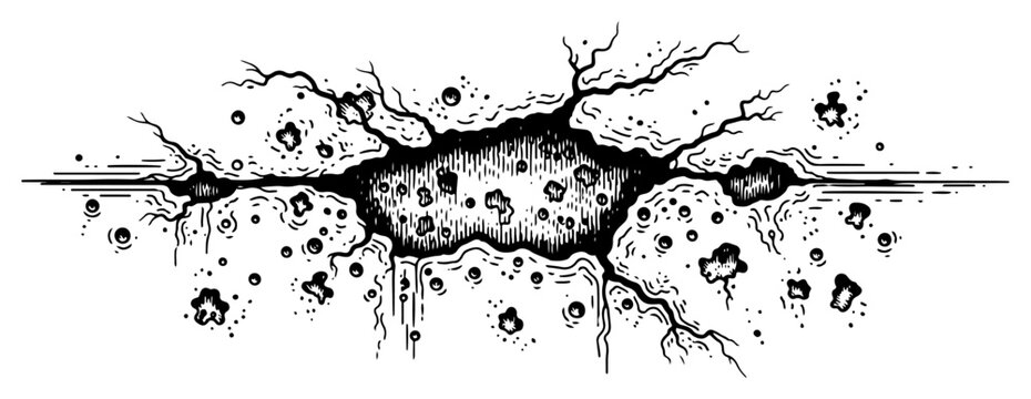 Ground impact crater with cracks and debris hand drawn vintage engraving style illustration