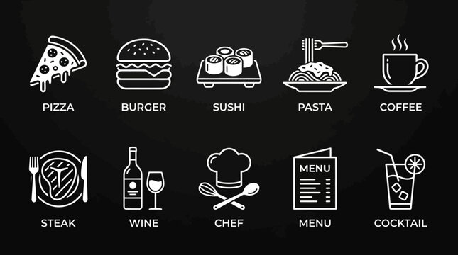 Food and drink icons displayed on a black background for restaurant menu design.