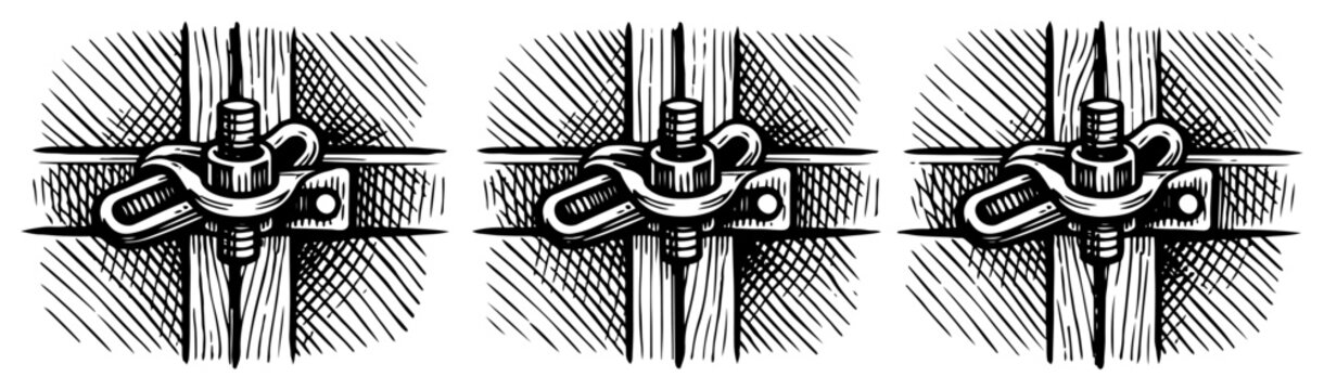 Industrial metal bolt clamps and mechanical fasteners set hand drawn vintage engraving style