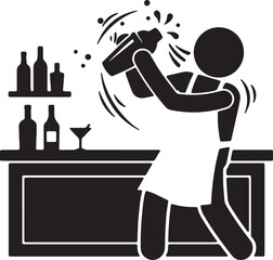 Fototapeta premium Professional mixologist in apron shaking metal shaker at counter with alcohol bottles on shelves silhouette for beverage menu design and branding.