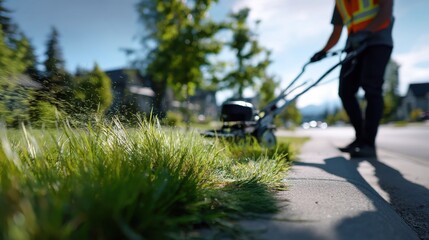 Person mowing overgrown grass along a suburban sidewalk on a sunny day with lush greenery and residential houses in the background