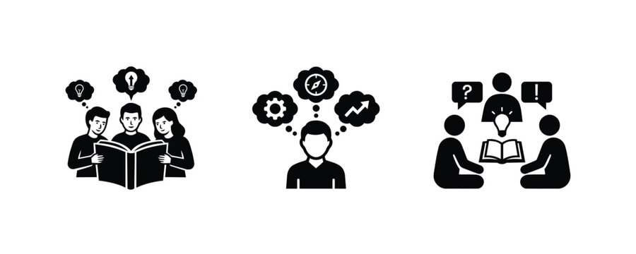 Education and brainstorming silhouette vector icon set with people reading books and thinking isolated on a white background