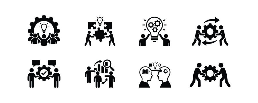 Business teamwork collaboration icon set workflow optimization puzzle idea generation silhouette vector isolated on white background
