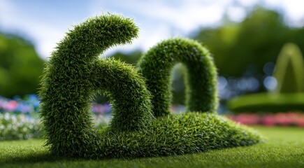 Sculptured garden greenery shaped into the number sixty surrounded by lush lawn and colorful blooming flowers under a bright blue sky on a sunny day