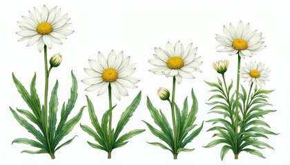 Fototapeta premium Watercolor illustration of white daisies with yellow centers, green leaves. Multiple flowers show varied stages of bloom, buds. Artful botanical study perfect for nature themes, floral designs.