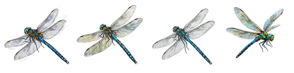 Isolated Blue Dragonfly Set: Flying Metallic Green and Blue Insects from Multiple Angles on White Background for Nature Design, Entomology, and Ecosystem Science Projects © Khan