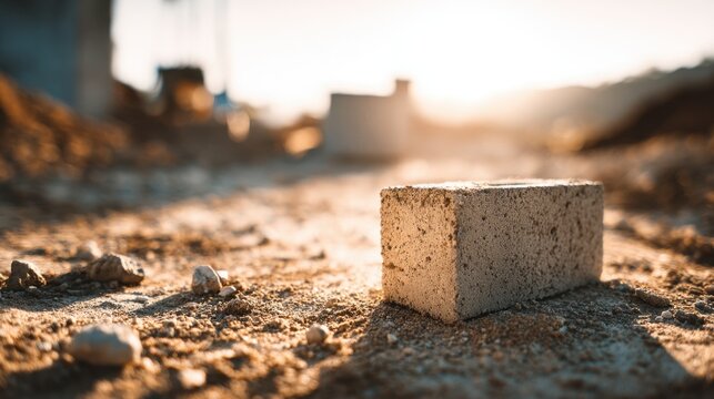 Single concrete block resting on rough dirt ground illuminated by warm sunlight in a construction site setting during golden hour with blurred background elements