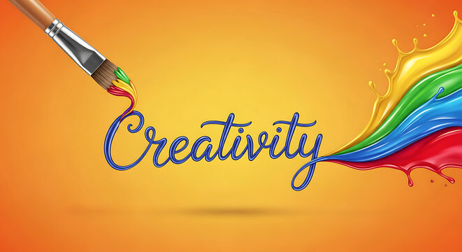 Artistic Creativity Word with Paintbrush and Colorful Liquid Splash