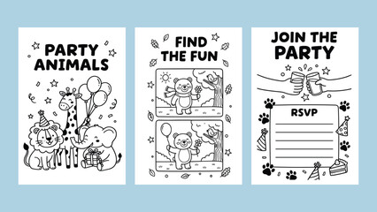 Naklejka premium Cute animal birthday party invitation set with fun activities doodle art posters