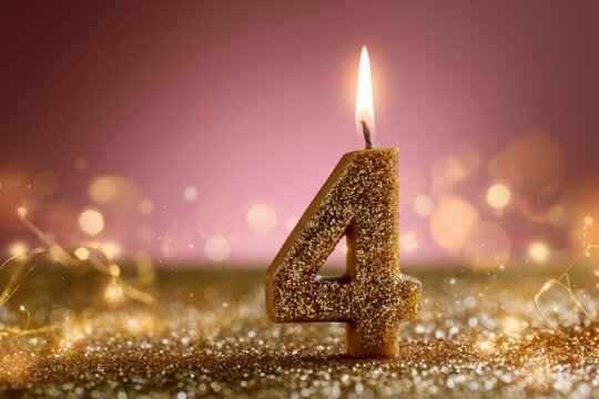 Glittery gold number four candle glowing warmly surrounded by sparkling lights and bokeh on a festive shimmering surface with soft pink background