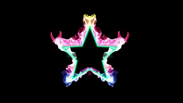 Abstract Glowing Neon Star With Flowing Colorful Smoke Energy Wisps On A Black Background. Vibrant Color-changing Digital Animation Featuring Neon Green, Magenta, Cyan, And Gold Light Effects In A Ret