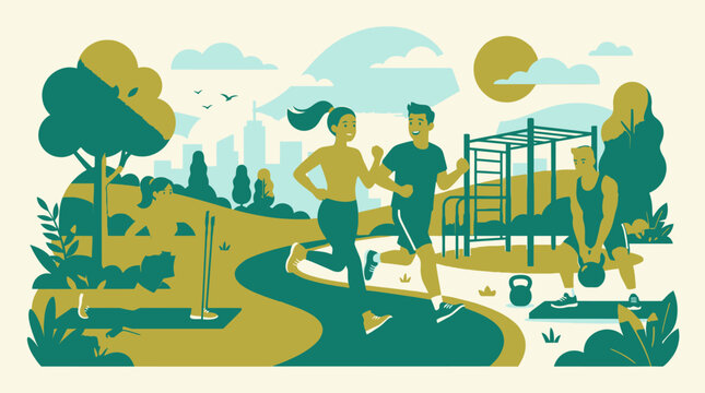 people exercising outdoors in park with playground and trees