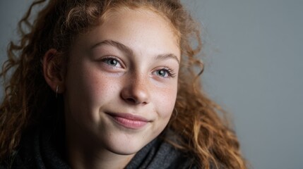 Fototapeta premium Closeup medium shot capturing the students confident expression during a portfolio session with a diffused ring light highlighting facial features against a neutral backdrop.