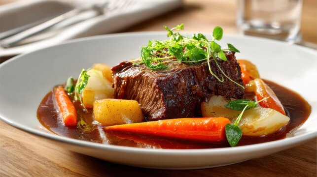 Gourmet braised beef short rib served with glazed baby carrots, tender potatoes, fresh herbs, and rich savory sauce on a white plate in a fine dining setting