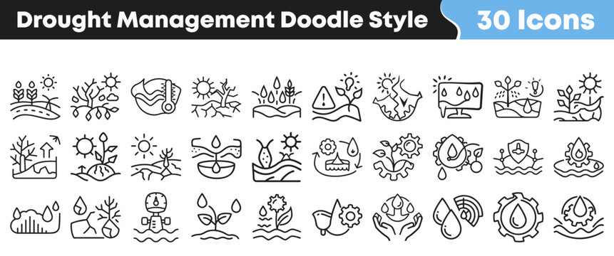 Set of thirty black and white drought management doodle icons
